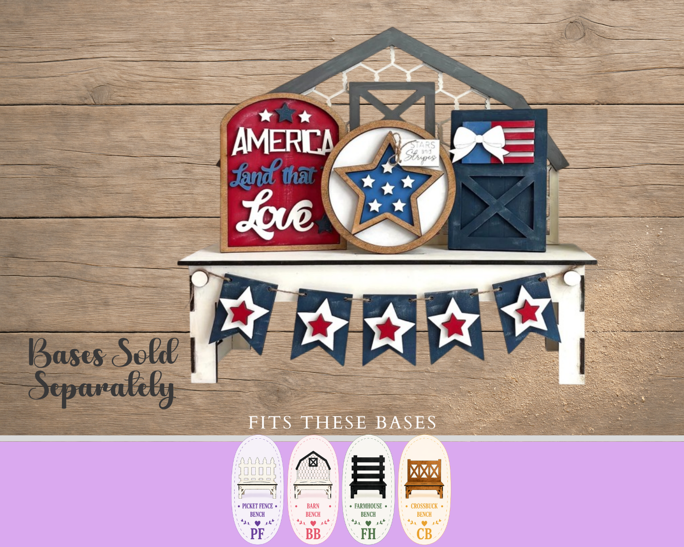Unfinished MDF Patriotic Bench Insert Set | DIY Fourth of July Interchangeable Decor