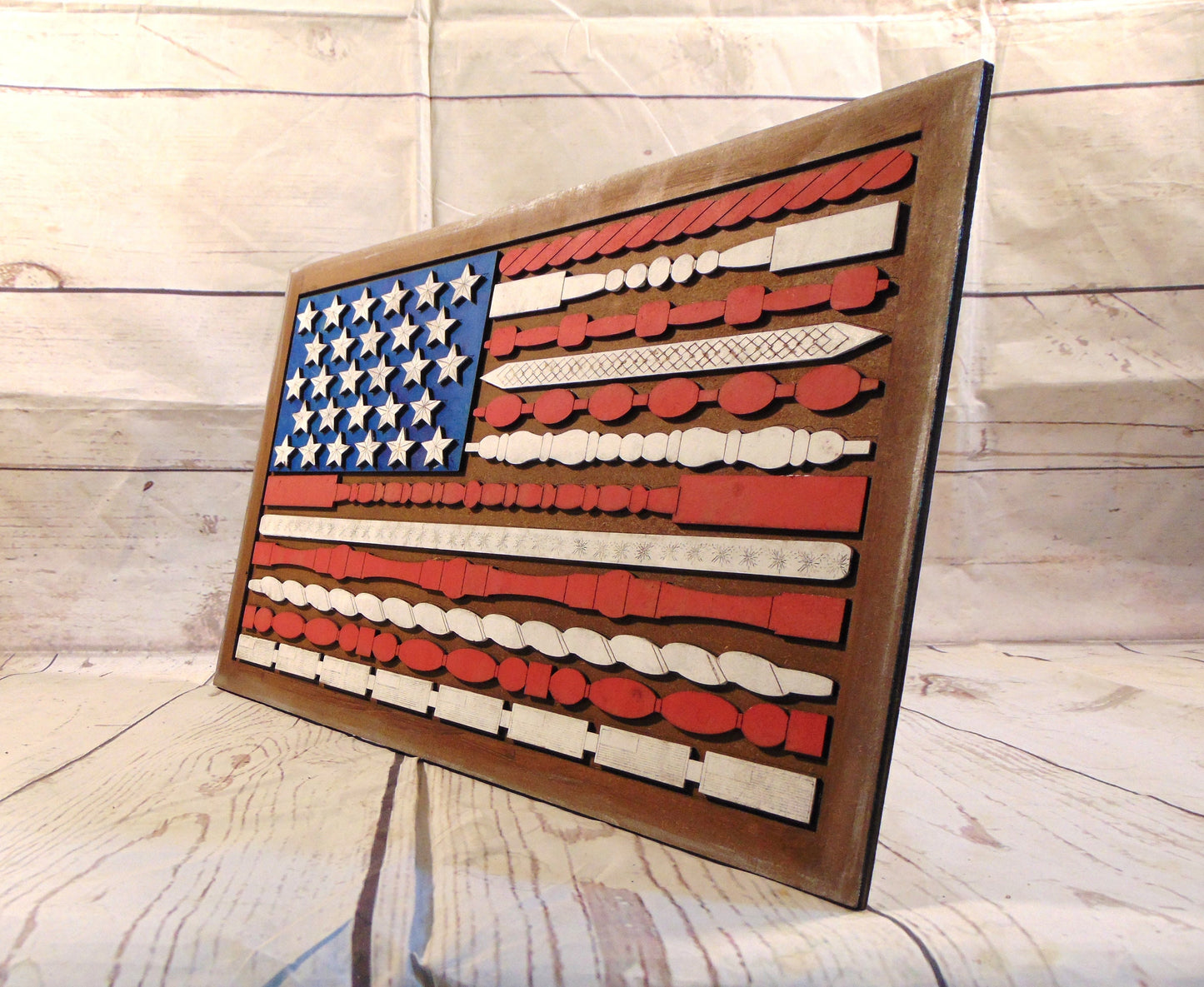 Stars, Stripes, and Spindles: Patriotic MDF American Flag Cutout | Home Accent | Tabletop Decor | Shelf Sitter | Spindle Design | MDF Cutout