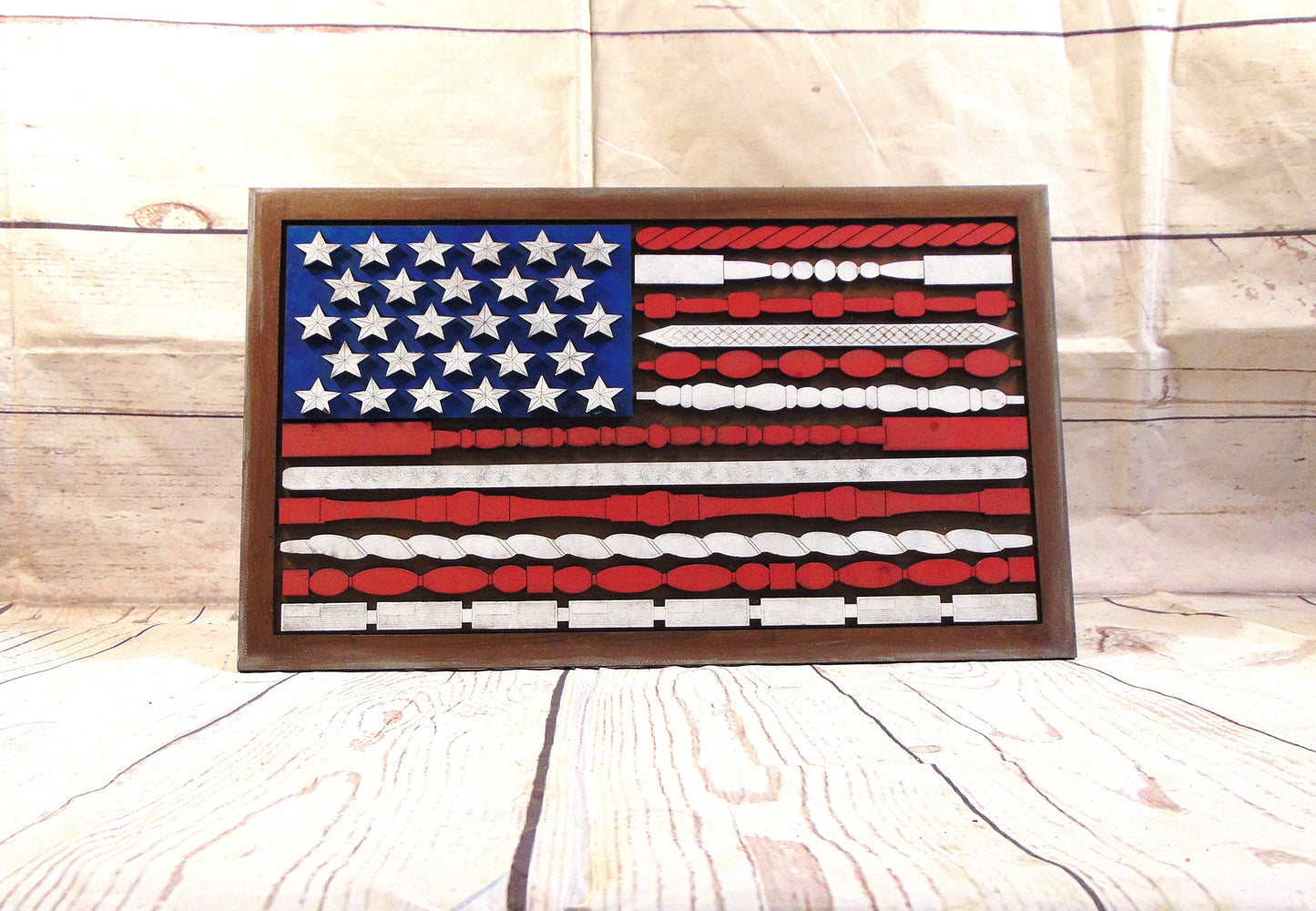 Stars, Stripes, and Spindles: Patriotic MDF American Flag Cutout | Home Accent | Tabletop Decor | Shelf Sitter | Spindle Design | MDF Cutout