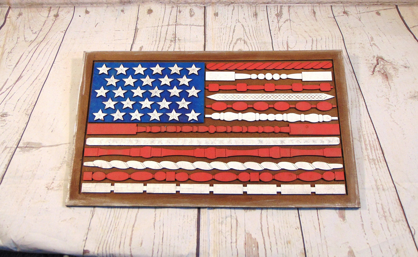 Stars, Stripes, and Spindles: Patriotic MDF American Flag Cutout | Home Accent | Tabletop Decor | Shelf Sitter | Spindle Design | MDF Cutout