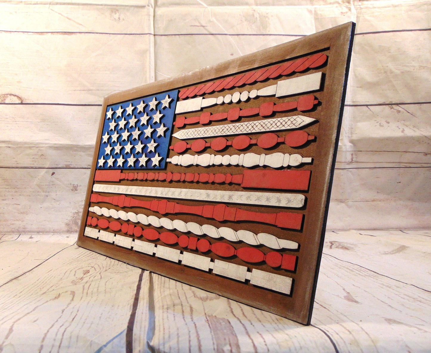 Stars, Stripes, and Spindles: Patriotic MDF American Flag Cutout | Home Accent | Tabletop Decor | Shelf Sitter | Spindle Design | MDF Cutout