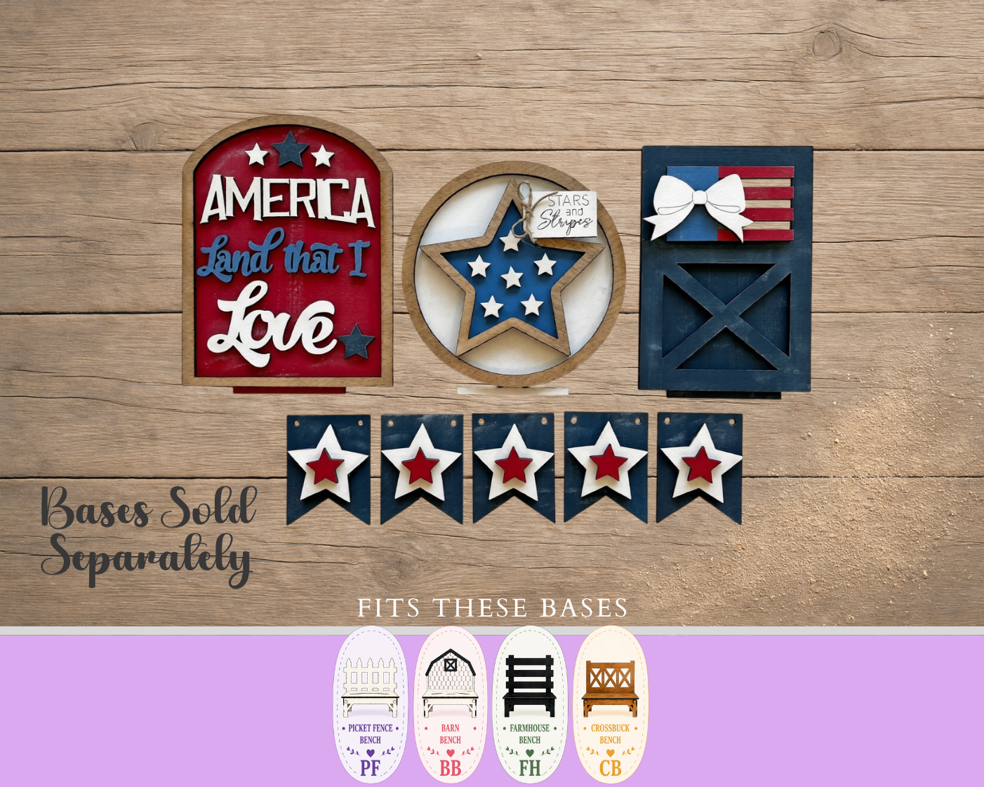 Unfinished MDF Patriotic Bench Insert Set | DIY Fourth of July Interchangeable Decor