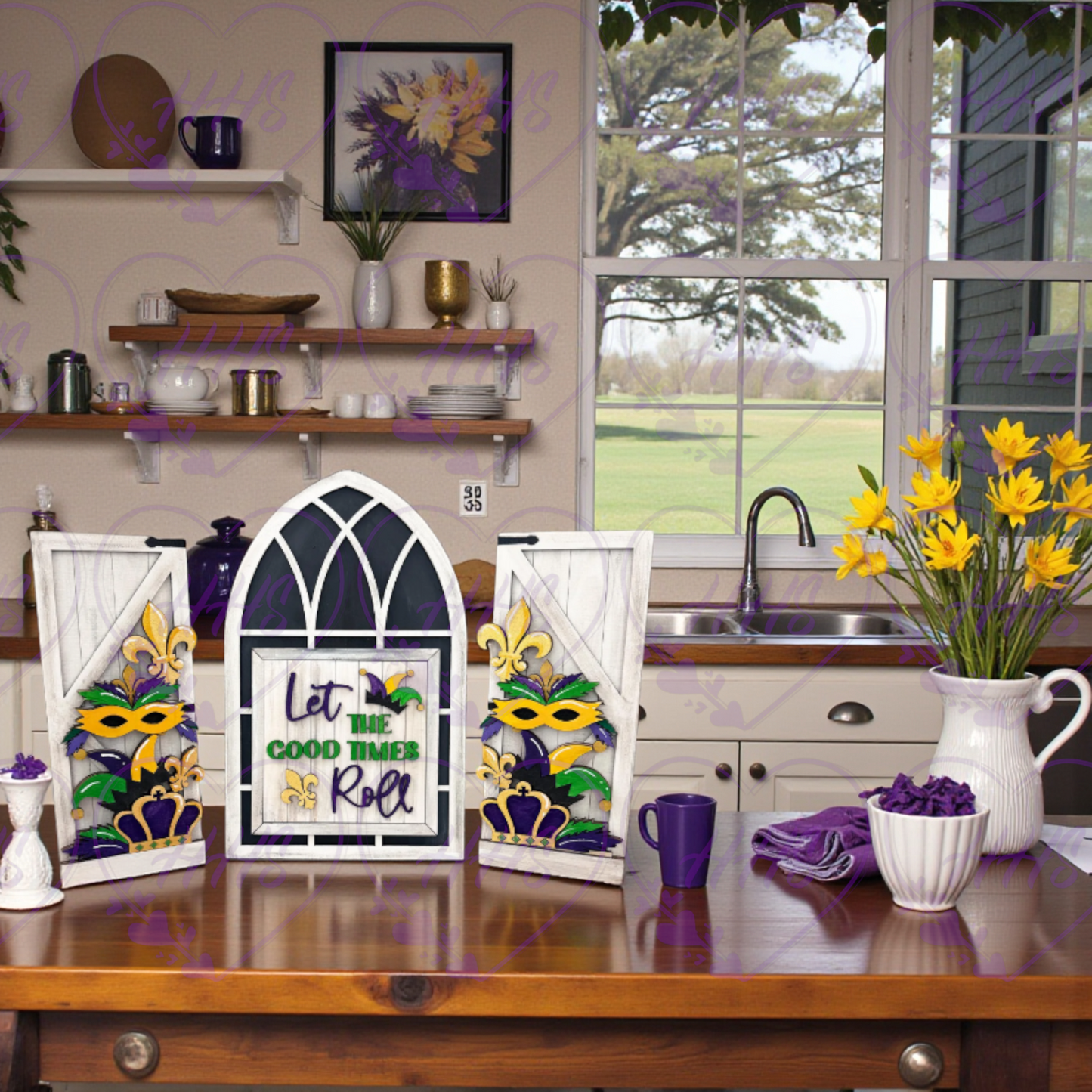 Mardi Gras Insert for Window & Shutters Interchangeable Door Base | Purple Green Gold Carnival Decor