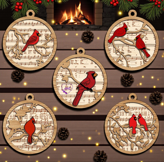 Cardinal Sheet Music Christmas Ornaments – Layered Cardinal Collection