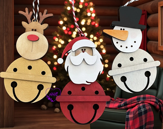 Character Bell Christmas Ornament Set – Layered Reindeer, Santa & Snowman