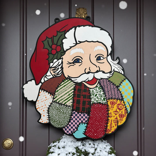 Patchwork Santa Door Hanger | Handmade Christmas Front Door Décor | Whimsical Santa Wall Sign | Holiday Home Decoration