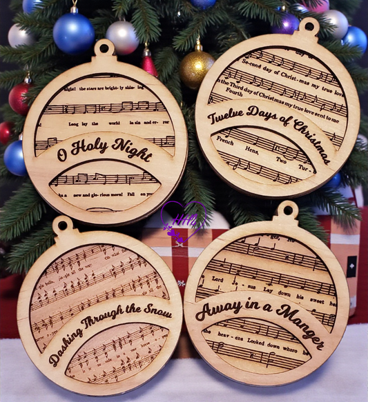 Round Christmas Hymn Ornament Set – Engraved Sheet Music Décor