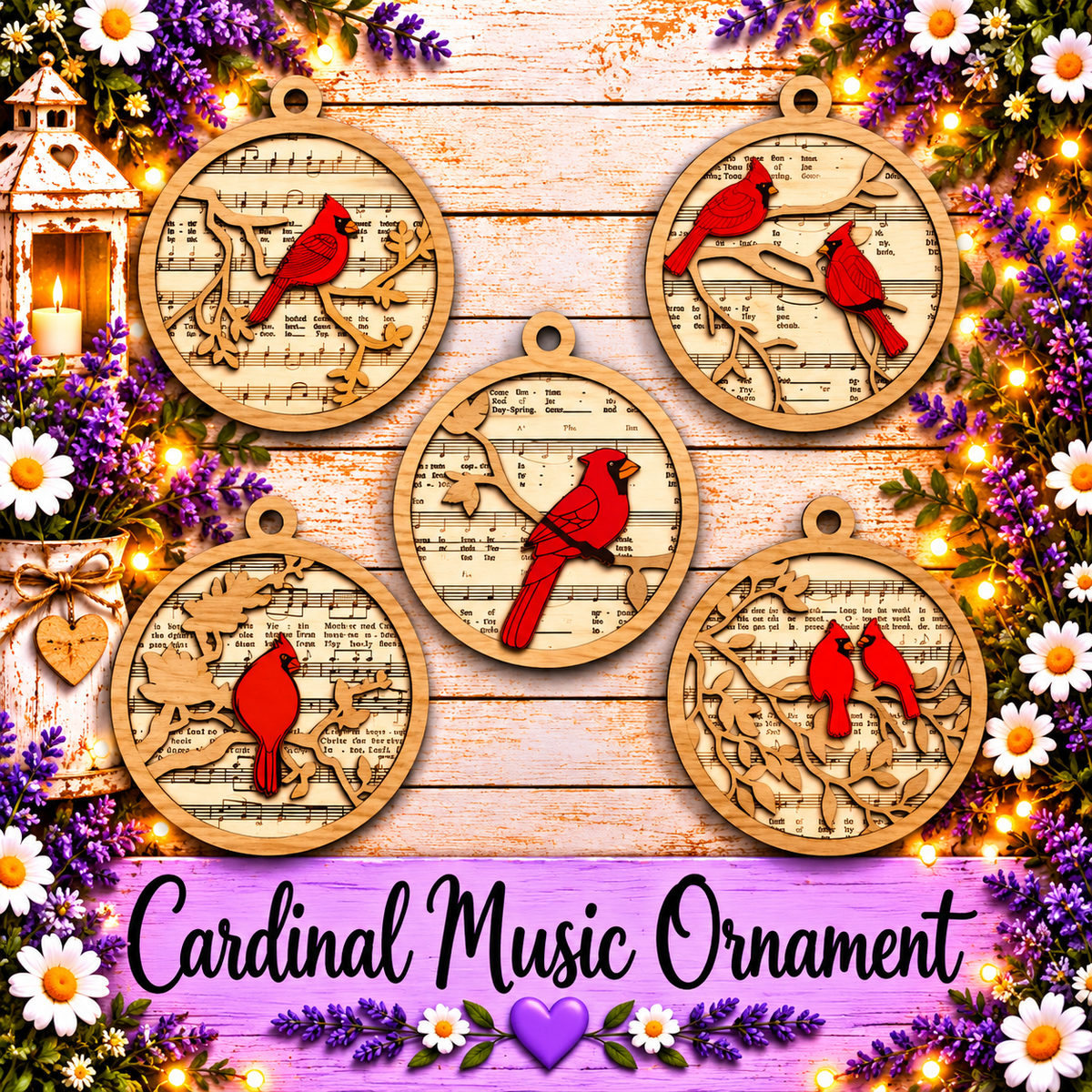 Christmas Music Sheet Decor, Rustic Red Bird Holiday Ornaments, Memorial Cardinal Gift Set