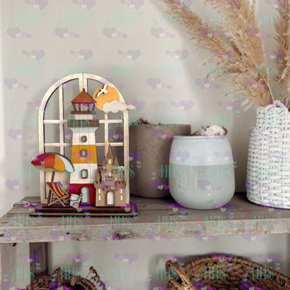 Unfinished MDF Summer Beach Shelf Sitter – Lighthouse Scene Interchangeable Insert