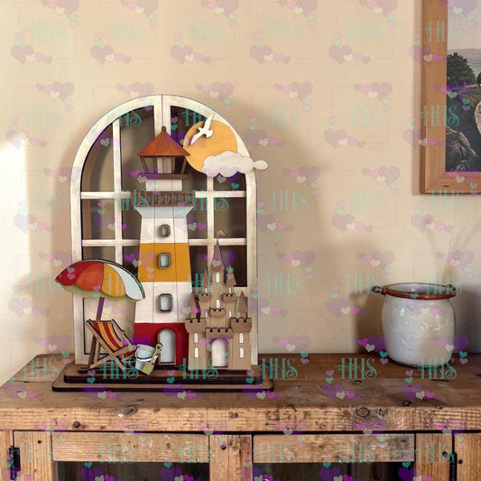 Unfinished MDF Summer Beach Shelf Sitter – Lighthouse Scene Interchangeable Insert