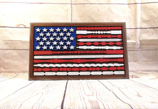 Stars, Stripes, and Spindles: Patriotic MDF American Flag Cutout | Home Accent | Tabletop Decor | Shelf Sitter | Spindle Design | MDF Cutout