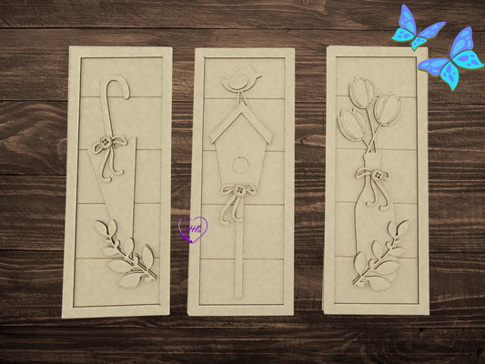 Spring Trio Shelf Sitter/Leaner | Farmhouse MDF Cutout Trio – Umbrella, Birdhouse & Floral Vase