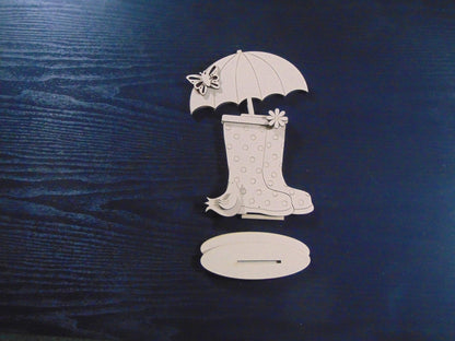 DIY Unfinished Rainboots & Umbrella MDF Shelf Sitter Set - Polka Dot Decor Clear Directions - Whimsical Decor - Crafters Delight - Gift Idea
