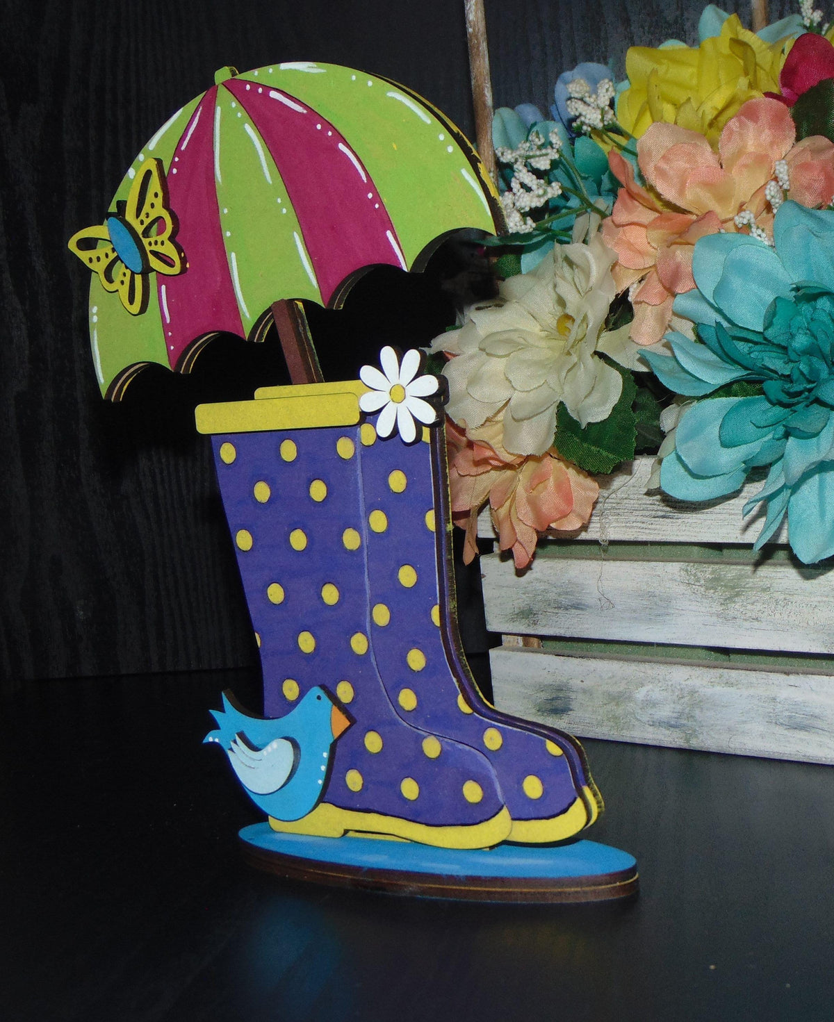DIY Unfinished Rainboots & Umbrella MDF Shelf Sitter Set - Polka Dot Decor Clear Directions - Whimsical Decor - Crafters Delight - Gift Idea