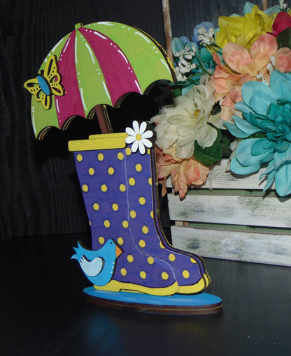 DIY Unfinished Rainboots & Umbrella MDF Shelf Sitter Set - Polka Dot Decor Clear Directions - Whimsical Decor - Crafters Delight - Gift Idea