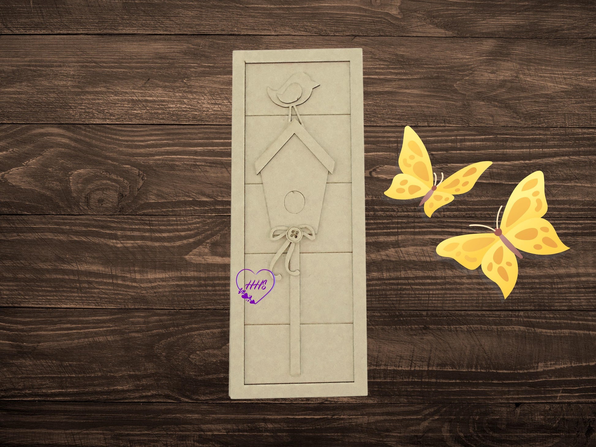 Spring Trio Shelf Sitter/Leaner | Farmhouse MDF Cutout Trio – Umbrella, Birdhouse & Floral Vase