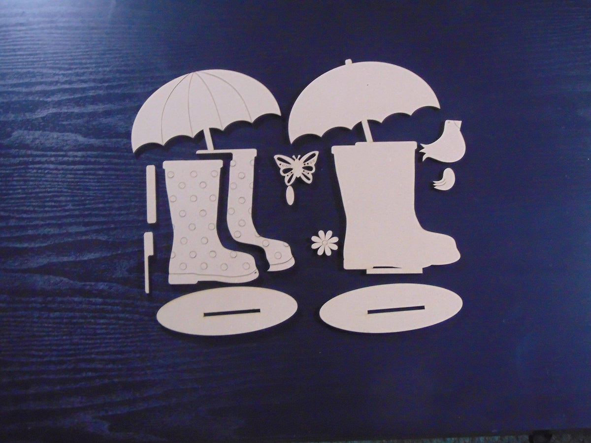DIY Unfinished Rainboots & Umbrella MDF Shelf Sitter Set - Polka Dot Decor Clear Directions - Whimsical Decor - Crafters Delight - Gift Idea