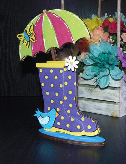 DIY Unfinished Rainboots & Umbrella MDF Shelf Sitter Set - Polka Dot Decor Clear Directions - Whimsical Decor - Crafters Delight - Gift Idea