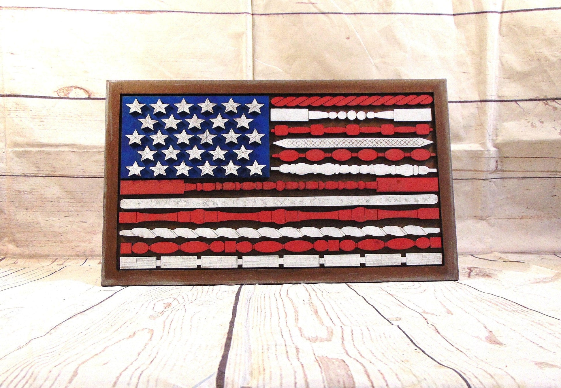 Stars, Stripes, and Spindles: Patriotic MDF American Flag Cutout | Home Accent | Tabletop Decor | Shelf Sitter | Spindle Design | MDF Cutout
