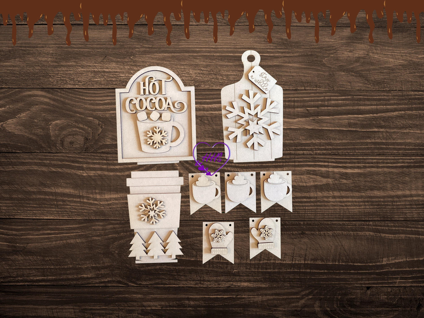 Hot Cocoa Bench Insert| Hot Cocoa Wooden Set - Snowflakes, Mittens, Trees, and Cozy Cup Tags
