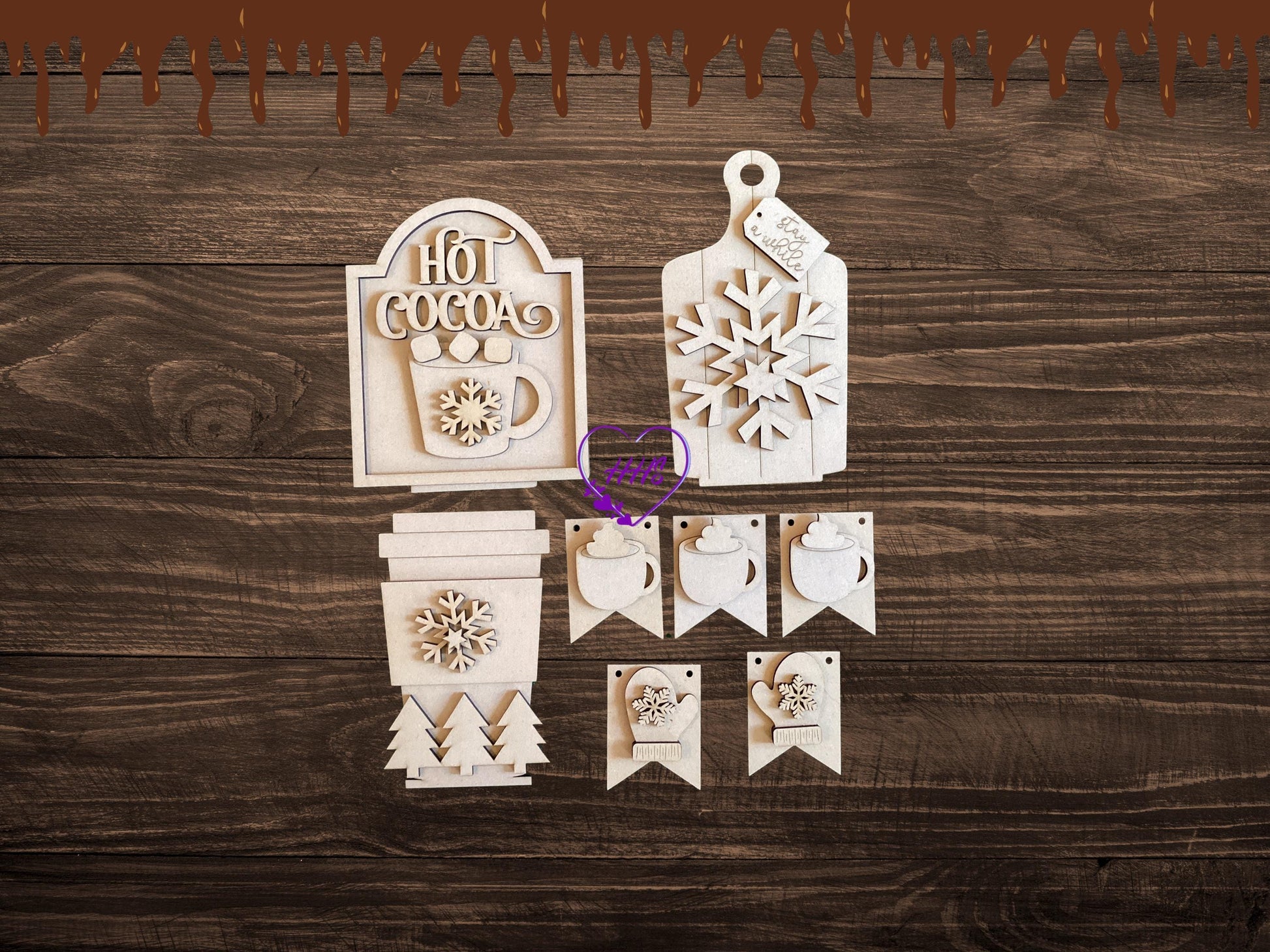 Hot Cocoa Bench Insert| Hot Cocoa Wooden Set - Snowflakes, Mittens, Trees, and Cozy Cup Tags