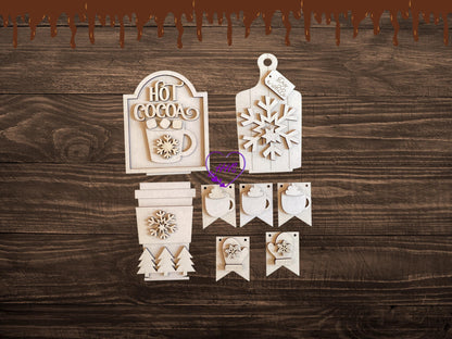 Hot Cocoa Bench Insert| Hot Cocoa Wooden Set - Snowflakes, Mittens, Trees, and Cozy Cup Tags