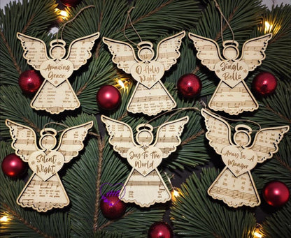 Unfinished MDF Angel Hymn Ornament Set - Laser-Cut Music Sheet Angels (Set of 6)