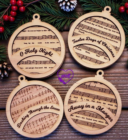 Round Christmas Hymn Ornament Set – Engraved Sheet Music Décor