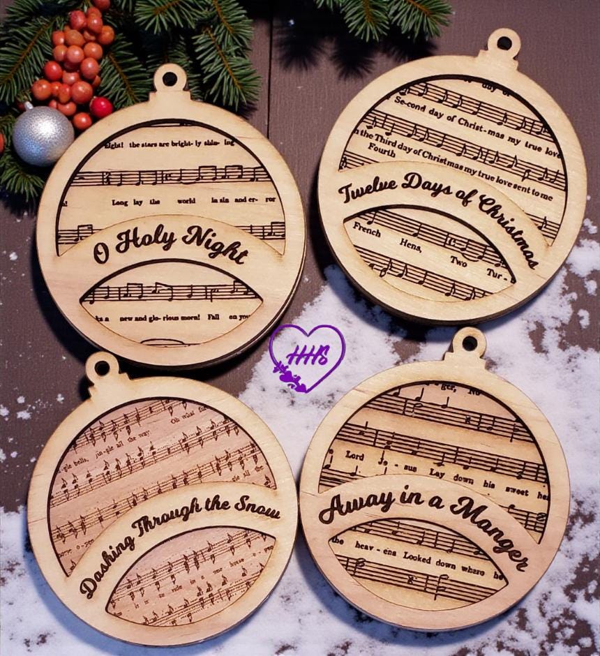Round Christmas Hymn Ornament Set – Engraved Sheet Music Décor
