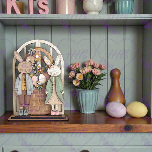Unfinished MDF Bunny Couple Wooden Decor | DIY Easter Craft | Folk Art Rabbit Shelf Sitter