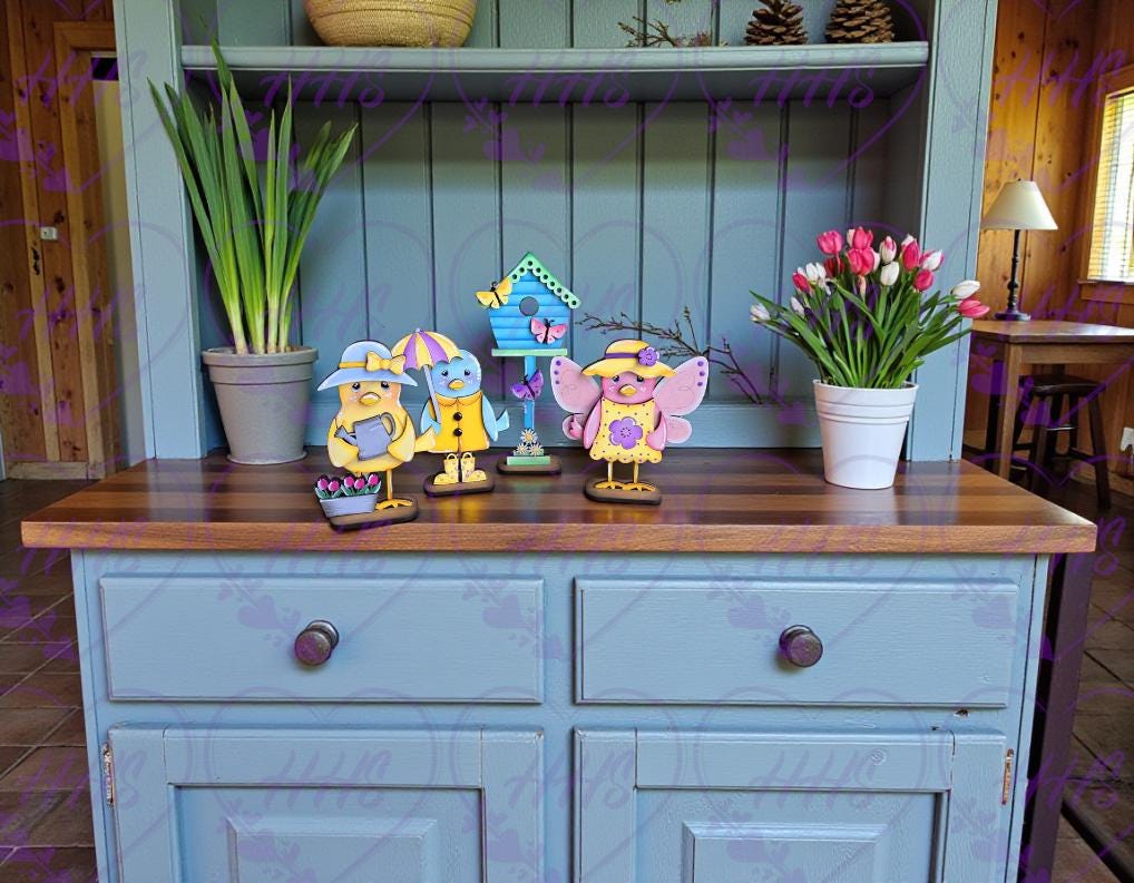 Unfinished MDF Spring Birds – Whimsical Birds with Butterfly & Birdhouse, Home Decor, Shelf Sitter