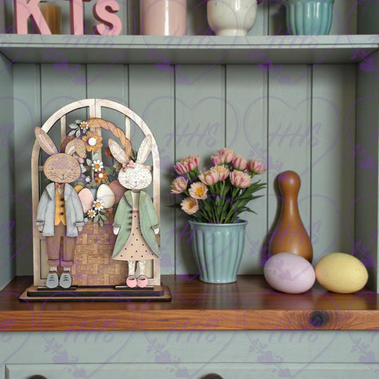 Unfinished MDF Bunny Couple Wooden Decor | DIY Easter Craft | Folk Art Rabbit Shelf Sitter