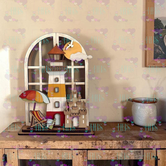 Unfinished MDF Summer Beach Shelf Sitter – Lighthouse Scene Interchangeable Insert
