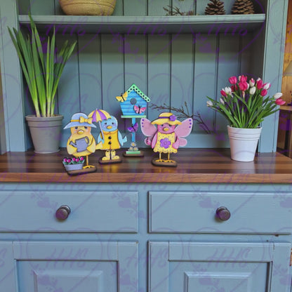 Unfinished MDF Spring Birds – Whimsical Birds with Butterfly & Birdhouse, Home Decor, Shelf Sitter